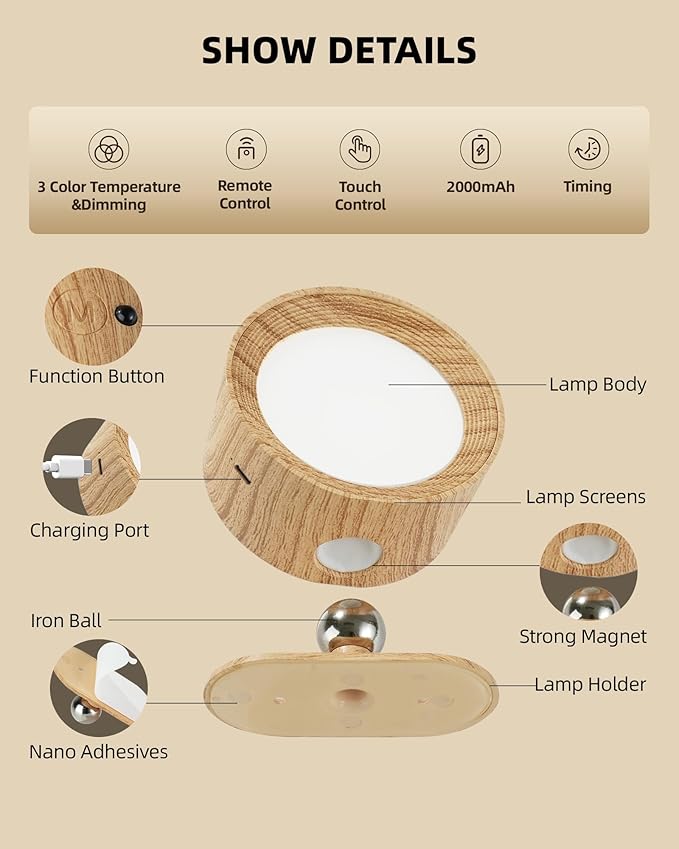 LED Wall Mounted Lights, Rechargeable Wall Sconce Lamps, 3 Color Temps & Remote - Image 7