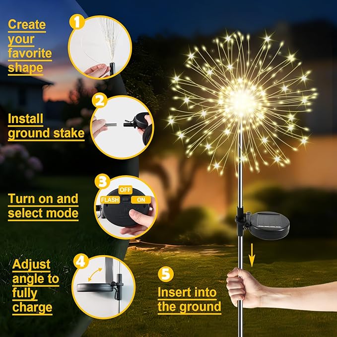 Solar Garden Lights Outdoor, 4 Pack 120 LED Twinkling Firework Lights Decorative - Image 6
