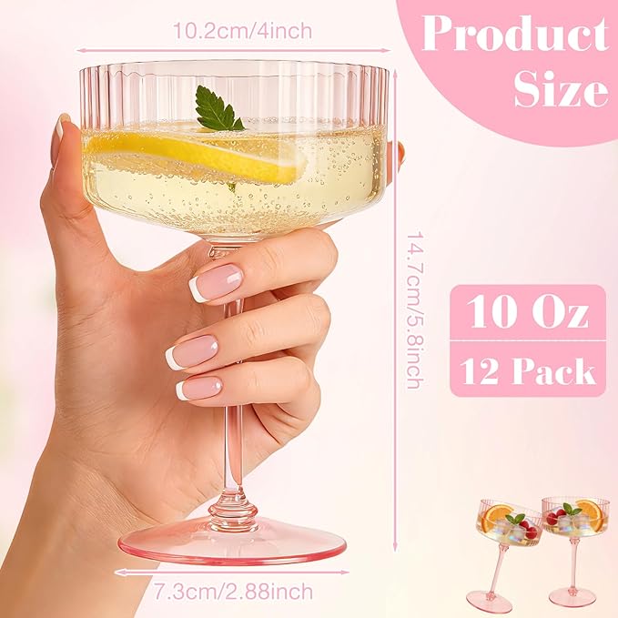 PLULON 12 Pcs Pink Champagne Martini Glasses Set 10 Oz Plastic Ribbed Coupe Cup - Image 3