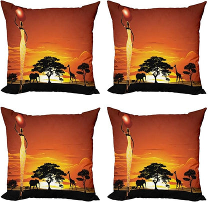 Ambesonne Elephant Throw Pillow Cushion Case Pack of 4, Woman and Wild Landscape by Ambesonne