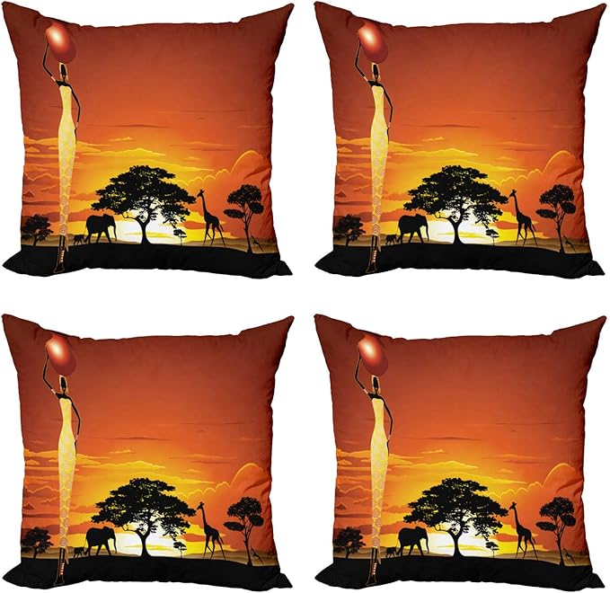 Ambesonne Elephant Throw Pillow Cushion Case Pack of 4, Woman and Wild Landscape by Ambesonne