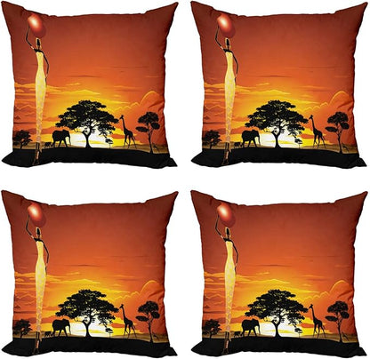 Ambesonne Elephant Throw Pillow Cushion Case Pack of 4, Woman and Wild Landscape by Ambesonne