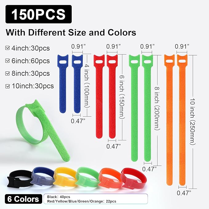 150PCS Cable Ties, 4+6+8+10 inch Multi-Colour Straps - Image 2