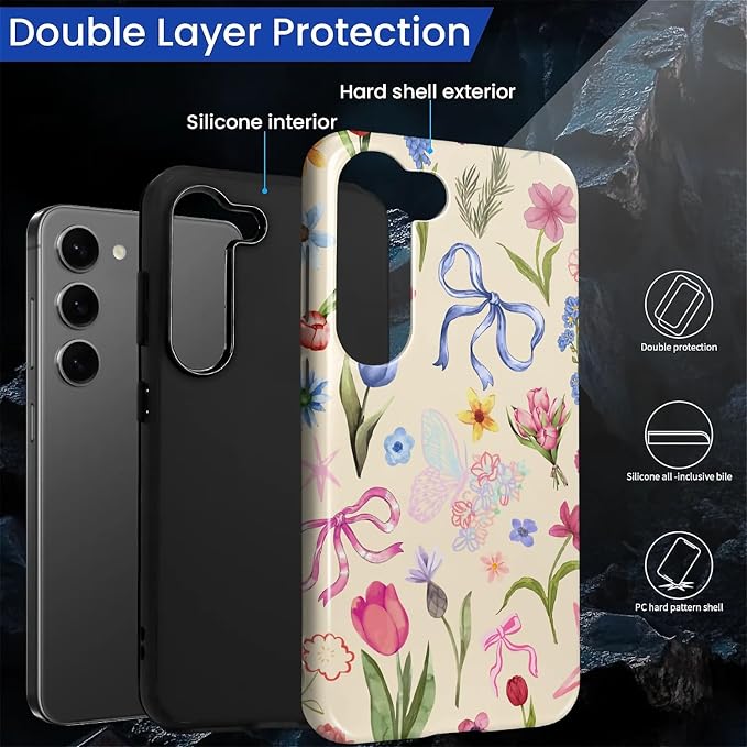for Samsung Galaxy S23 Case, HL2 Aesthetic Flower Preppy Collage Hybrid 2 Layer - Image 2