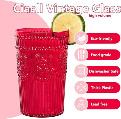 Ciaell 12 Pack Romantic Plastic Water Glasses - 14 Oz Red Vintage Drinking - Image 3