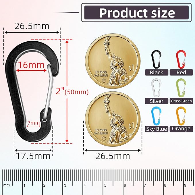 6pcs Aluminum Small Carabiner Clip, 2 Inch Carabiner Keychain Clasp Spring D - Image 2