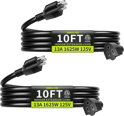 10 FT 13A 1625W 16/3 Black Extension Cord, Indoor Extension Cord by Seeklyze