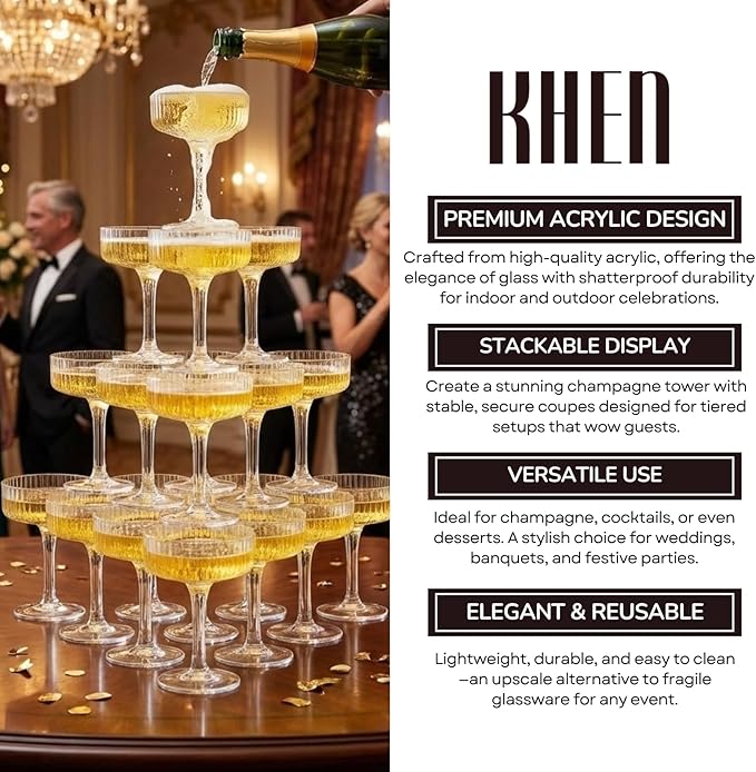 Premium ACRYLIC Champagne Tower Kit | 20 Stackable 7 oz Plastic Coupe Flutes | - Image 5