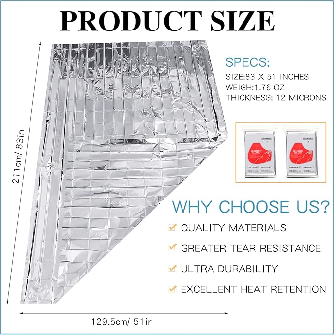 Macarrie 100 Pack Emergency Thermal Blankets Silver Foil Survival Blanket Kit - Image 2