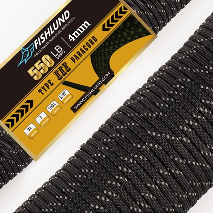 Reflective Paracord 550 lb, 7 Strand Paracord Rope 50ft 4mm, Nylon Parachute by FISHLUND