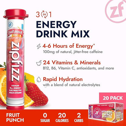 Zipfizz Daily Energy Drink Powder, Fruit Punch, 20 Pack 3-in-1 Sustained Energy - Image 4