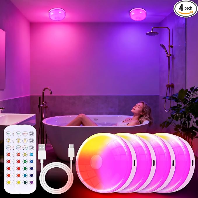 4-Pack Rechargeable Shower Light No Wiring, 15 RGBW Color Changeable Waterproof by Unknown