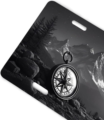 Mountain Compass License Plate Black White Adventure Design - Image 5