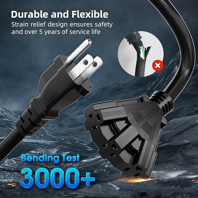 15 FT 3 Outlet Outdoor Extension Cord Waterproof, 16/3 SJTW Black Extension Cord - Image 2