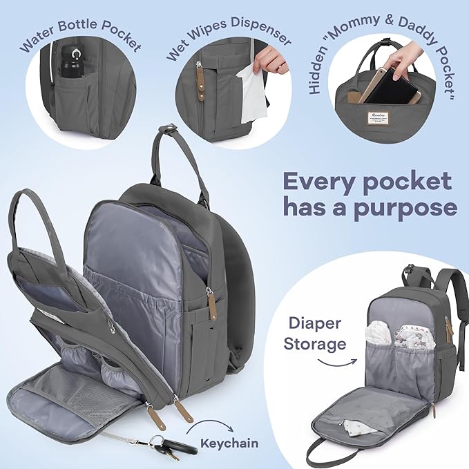 RUVALINO Diaper Bag Backpack, Large Capacity, Waterproof and Stylish, Iron Gray - Image 4
