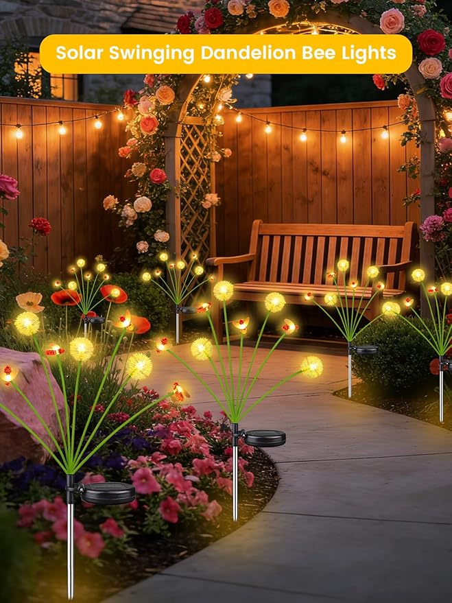 Solar Garden Lights Outdoor, 8 Pack 64 LED, Solar Swaying Dandelion Bee Lights - Image 4