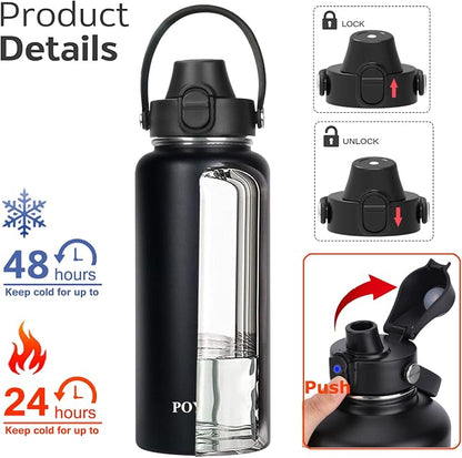 Water Bottle Insulated 32oz 40oz 64oz 128oz Straw Lid Spout Lid & 3 Lids - Image 3