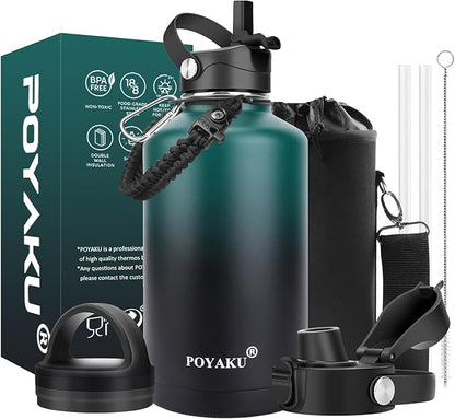 Water Bottle Insulated 32oz 40oz 64oz 128oz Straw Lid Spout Lid & 3 Lids by POYAKU