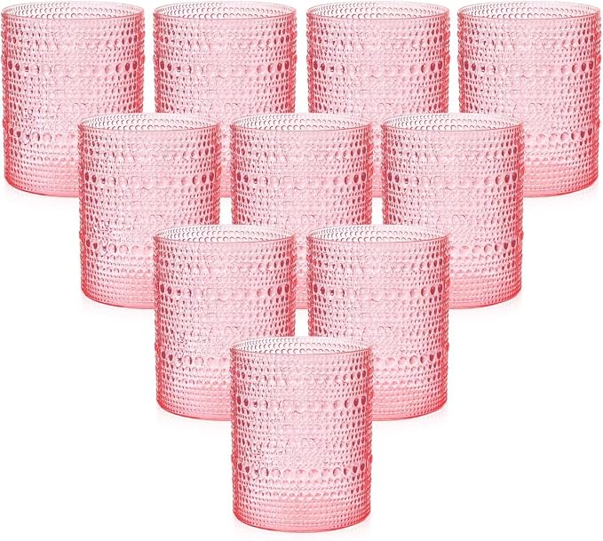 YOUBET 24PCS Plastic Drinking Glasses - 14OZ Pink Hobnail Drinkware Glasses - by YOUBET