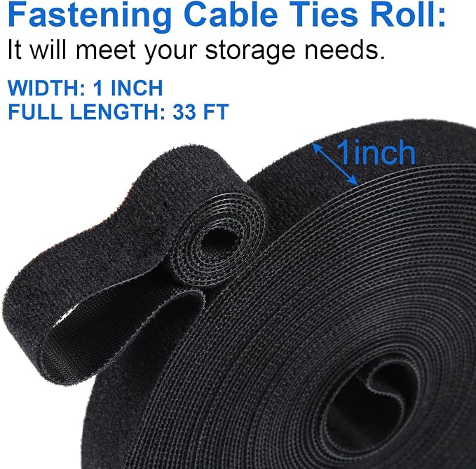 OneLeaf Hook and Loop Roll Reusable Fastening Cable Ties, 33ft x 1inch Black - Image 3