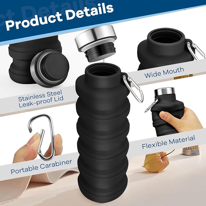 Collapsible Water Bottle, 17oz Reuseable BPA Free Silicone Foldable Water - Image 6