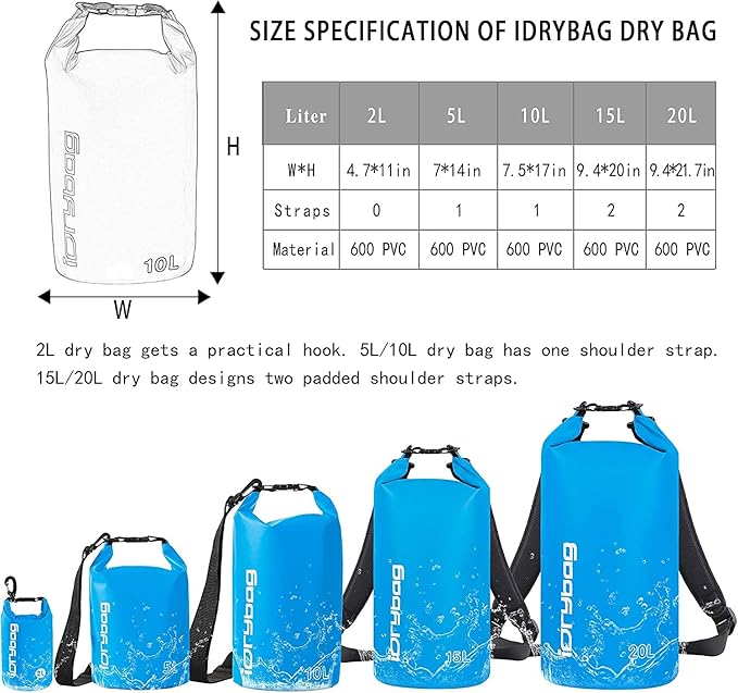 IDRYBAG Dry Bag for Kayaking Waterproof 2L/5L/10L/15L/20L, Small Dry Sack - Image 3