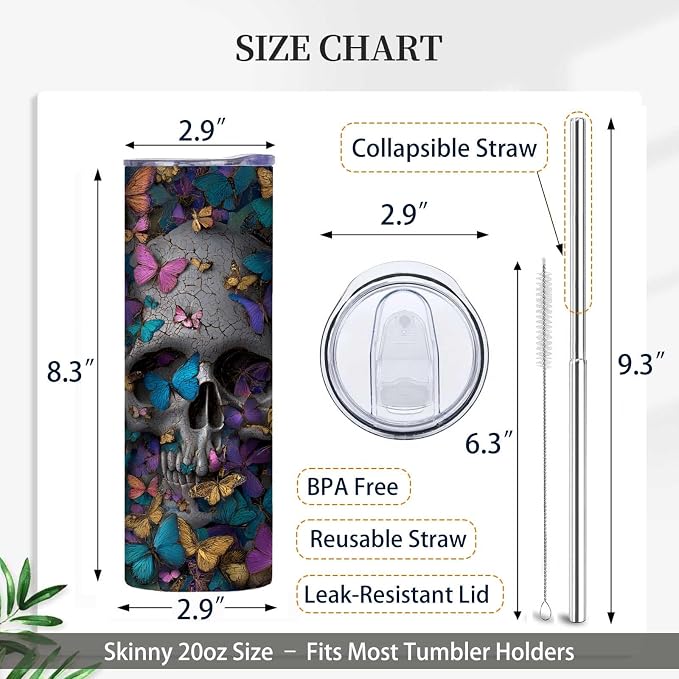 Firmiso 20 oz Tumbler｜Skinny Insulated Travel Mug｜Butterfly Skull Design - Image 5