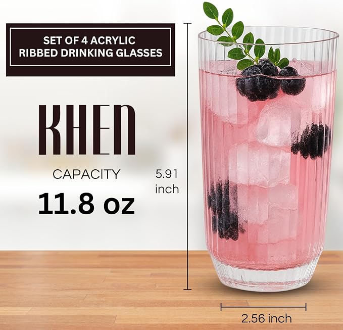 Khen Plastic Acrylic Ribbed Drinking Glasses – Set of 4 Clear 11.8oz Tritan - Image 2