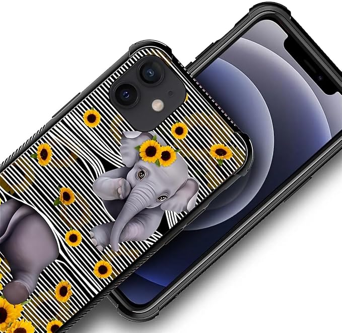 for iPhone 11 Case, Cute Little Elephant Sunflower White Line Art Pattern - Image 5