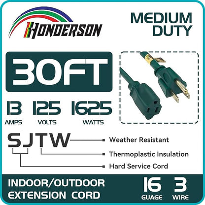 30FT Outdoor Extension Cord-16/3 SJTW Durable Green Extension Cable - Image 2