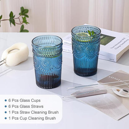 ZMOWIPDL Vintage Glassware Drinking Glasses Set of 6, 13 oz Blue Textured - Image 5