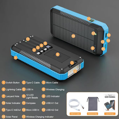 Solar Power Bank 33800mAh with Super Bright LED Flashlight, Built-in 4 Cables & - Image 6
