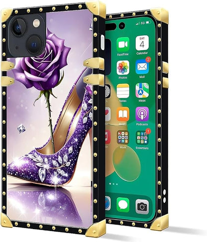 Compatible with iPhone 14 Case, High Heeled Purple Diamond Rose Luxury Golden - Image 2