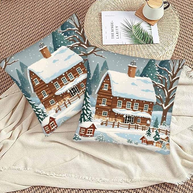 Farmhouse Throw Pillow Covers 18x18 Winter Snow Tree Set of 2 Pillow Cases - Image 3