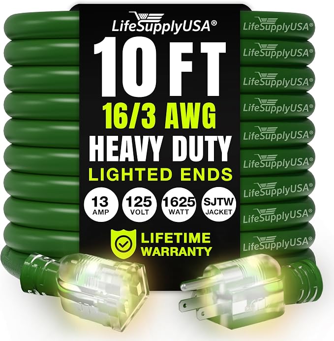 10ft Outdoor/Indoor Extension Cord 16/3 Gauge Heavy Duty 3 Prong SJTW, by LifeSupplyUSA