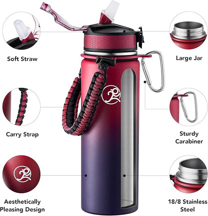 GOSWAG Insulated Sports Water Bottle, 24oz 2 Lids, Stainless Steel Water Bottles - Image 3