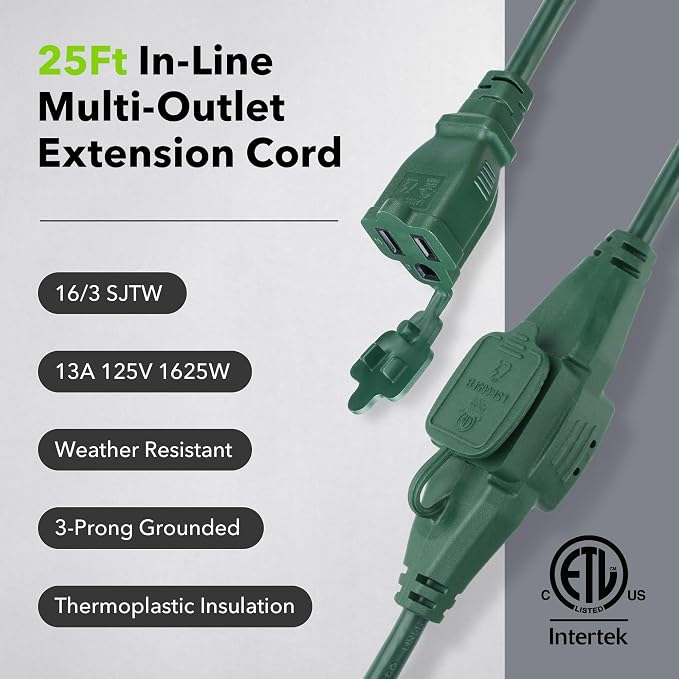 BN-LINK 25 ft Outdoor Extension Cord w/3 Inline Outlets 16/3 Gauge, SJTW Green - Image 4