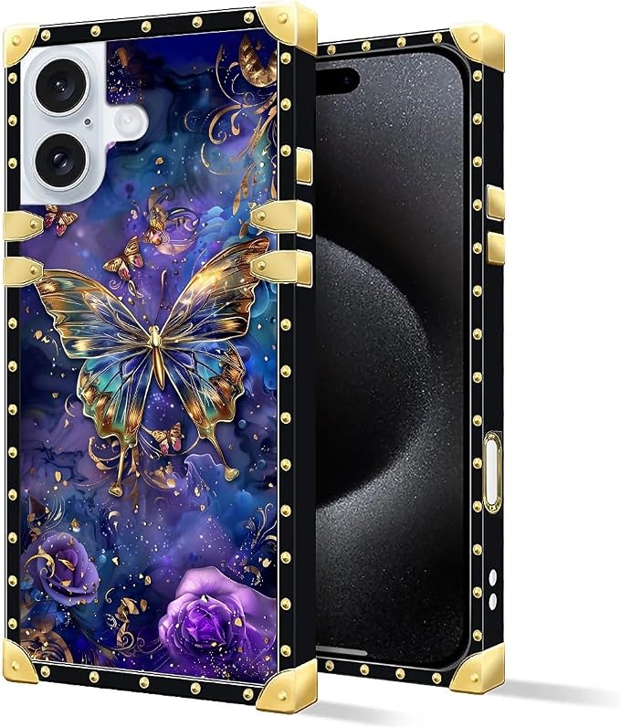 Compatible with iPhone 16 Plus Case, Glistening Golden Butterfly Vibrant Purple - Image 3