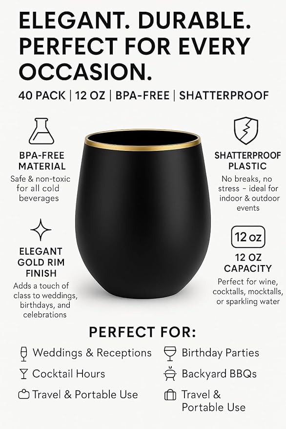 Oojami 40 count 12 Ounce Cups Unbreakable Stemless Plastic Wine Champagne - Image 3