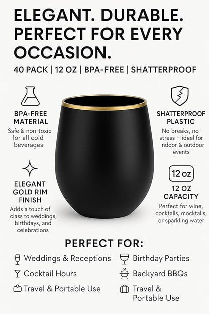Oojami 40 count 12 Ounce Cups Unbreakable Stemless Plastic Wine Champagne - Image 3