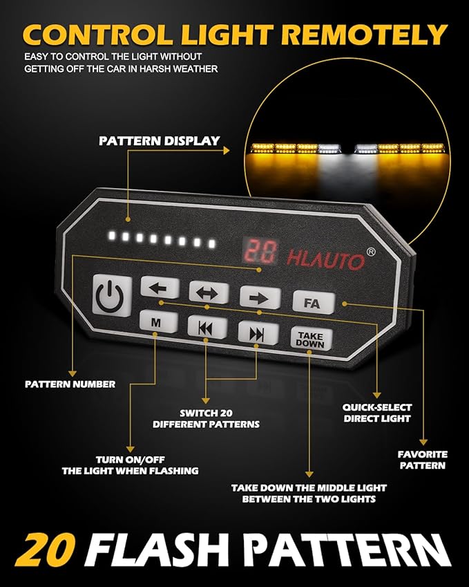 HLauto 604N Emergency Dash Strobe Lights: 2x16.8 inch Amber Security Light - Image 4