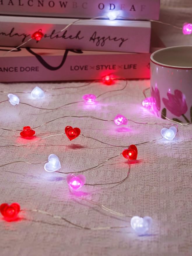 Red Pink White Heart Fairy Lights Battery Operated - Image 5