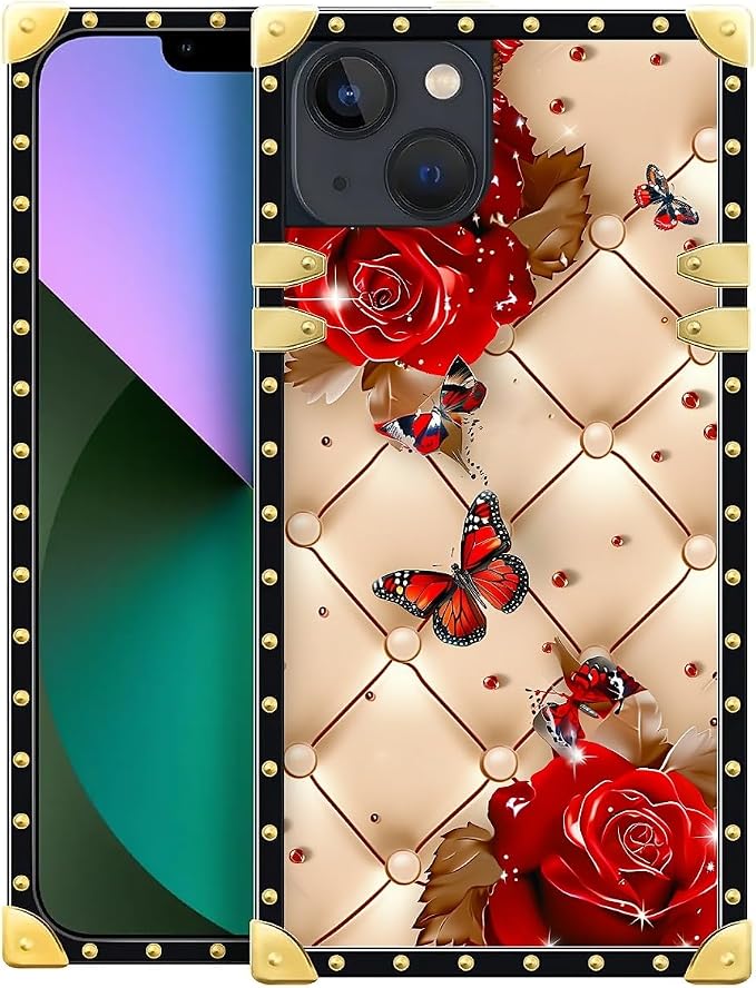 Compatible with iPhone 13 Case, Shining Red Rose Butterfly Leather Background by Unknown