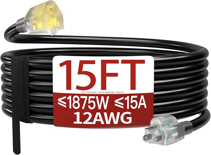 15 FT 12 Gauge Extension Cord Outdoor, Heavy Duty Weatherproof & Flame by Skrizcable
