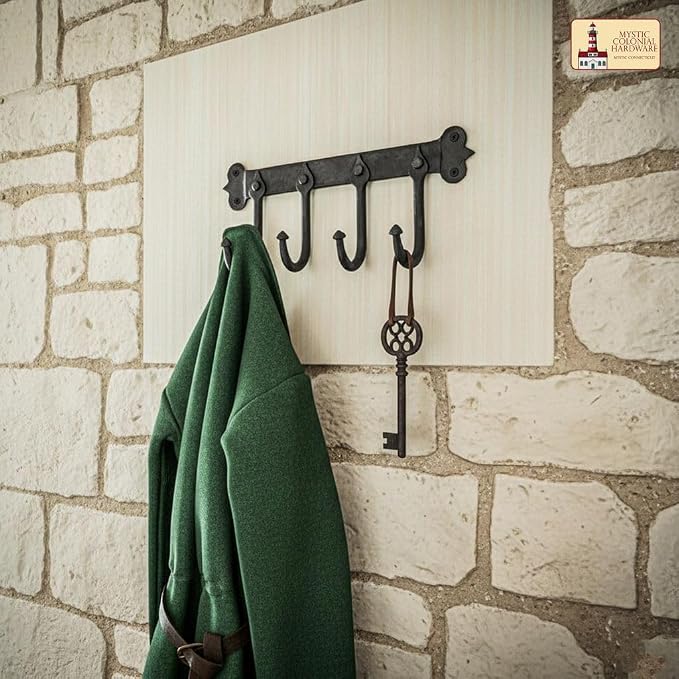 Mystic Colonial Medieval Rustic Hand-Forged Iron Wall Mounted Coat Rack | - Image 8