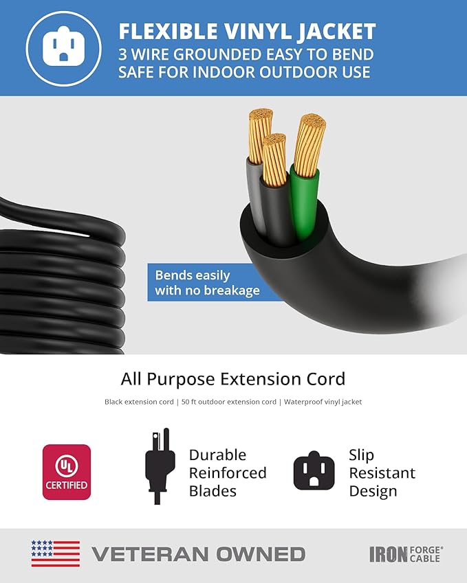 Iron Forge Cable 2 Pack 50 Ft Black Extension Cord, 50 Foot Extension Cord - Image 6