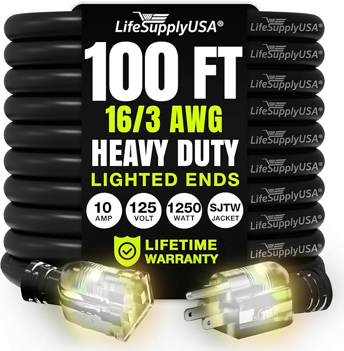100ft Outdoor/Indoor Extension Cord 16/3 Gauge Heavy Duty 3 Prong SJTW by LifeSupplyUSA
