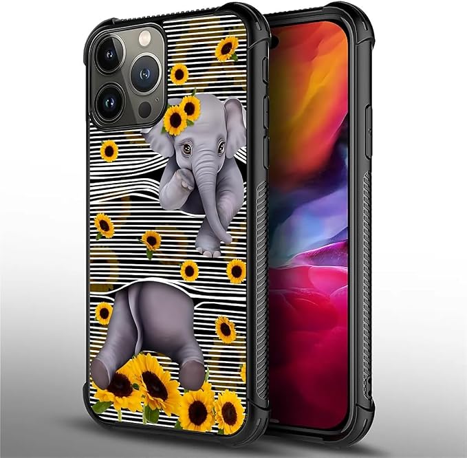 for iPhone 15 Pro Case, Cute Little Elephant Sunflower White Line Art Pattern - Image 3