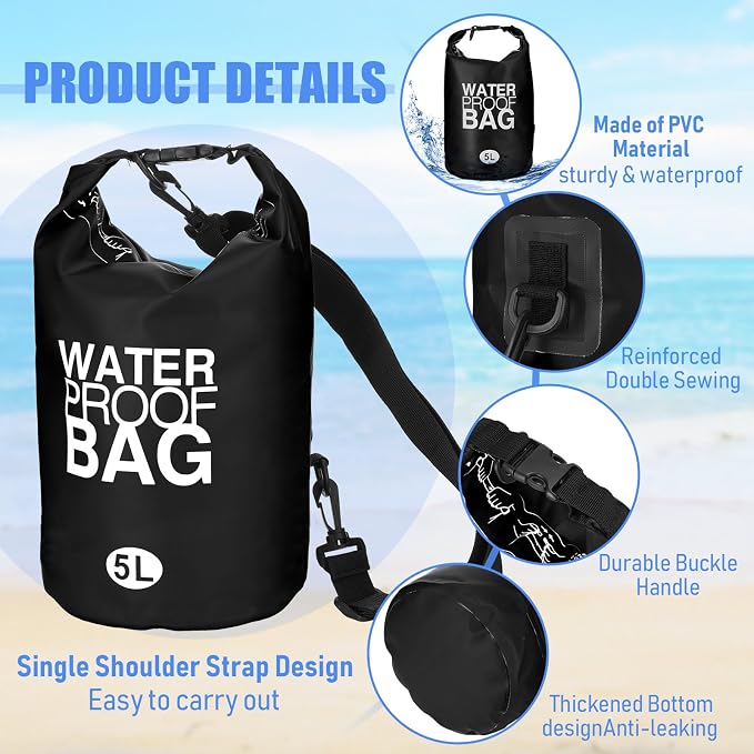 Jexine 10 Pack Dry Bag Waterproof, 5L Ultralight Dry Sacks Roll Top Storage Bag - Image 5