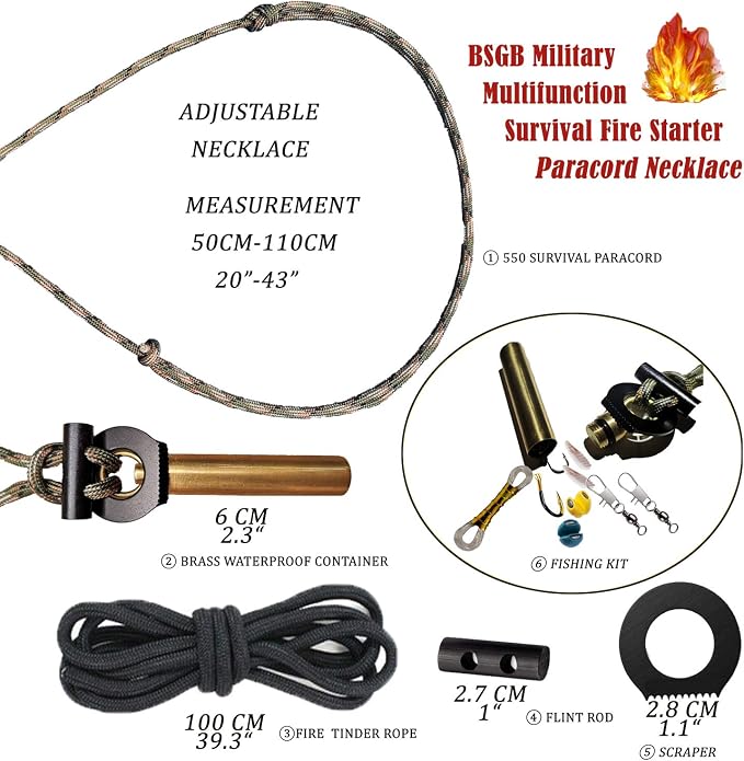 BSGB Fire Starter Paracord Necklace EDC Military Survival Gear Tinder Cord Fire - Image 2